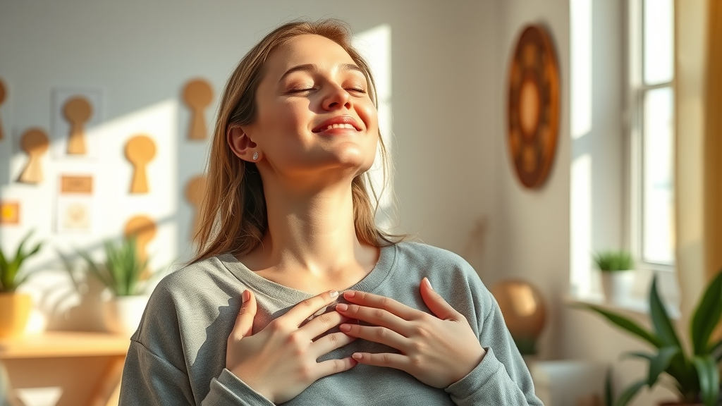 Person visualizing a positive outcome during self-hypnosis at home, eyes closed in a bright, inspiring room
