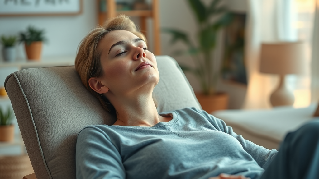 Person entering trance state for self-hypnosis at home with serene expression in a softly lit room