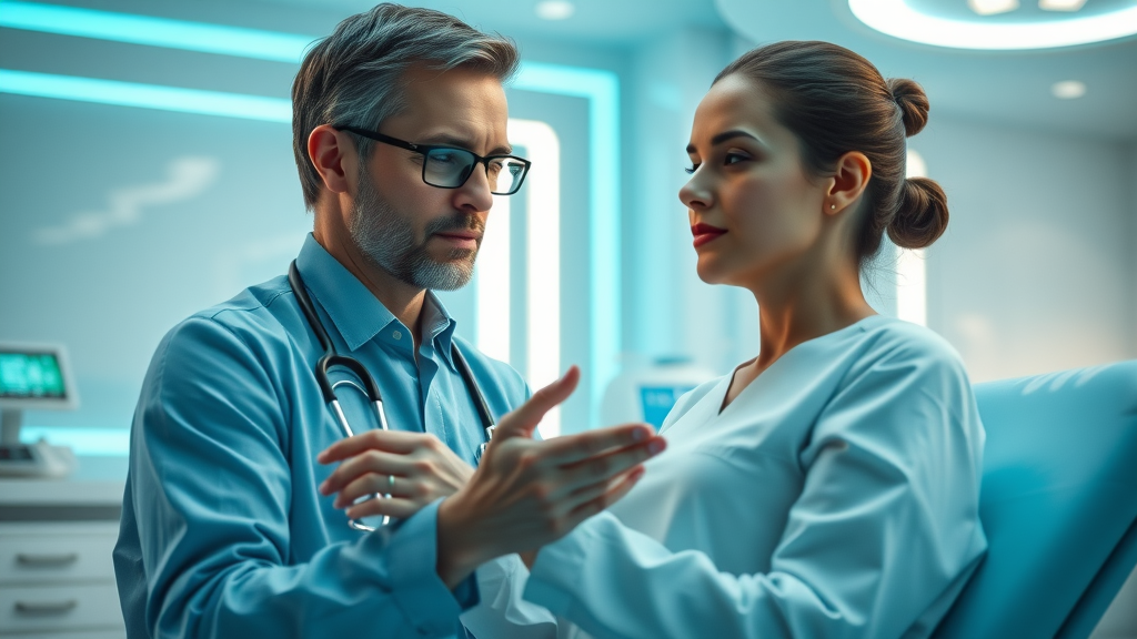 Futuristic hospital therapy session: Calm, focused healthcare professional guiding an attentive patient in a relaxed, supportive clinical hypnosis session in a modern healthcare room. future of hypnosis in healthcare