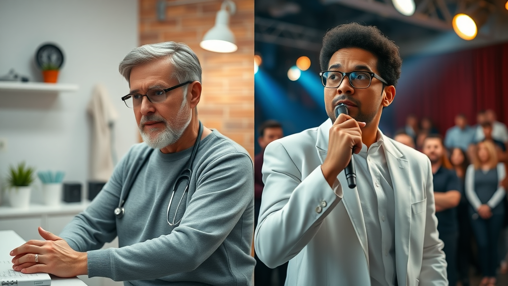 Contrasting settings: Compassionate clinician with calm patient in a modern therapy clinic vs. showy performer on theatre stage, highlighting the future of hypnosis in healthcare.