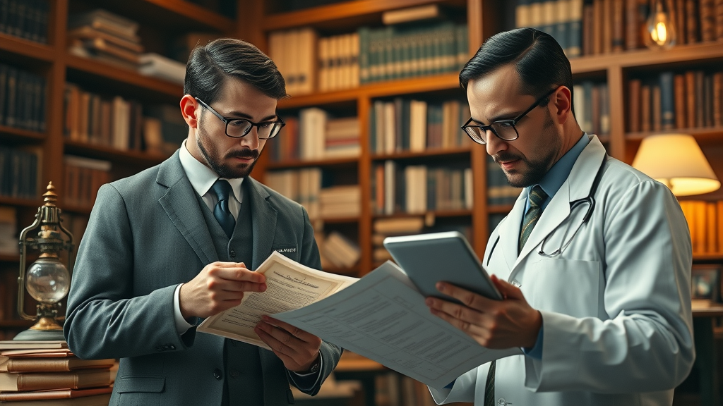 Timeless evolution in medicine: Medical professionals in period and modern attire studying hypnosis-related documents and instruments, bridging clinical hypnosis history and future.