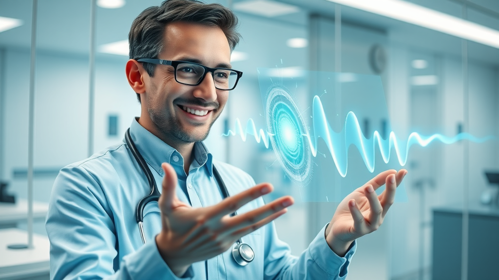 Cutting-edge digital hypnosis interface: Healthcare technician using holographic AI display illustrating hypnosis waves, merging technology and therapy in future clinical settings.