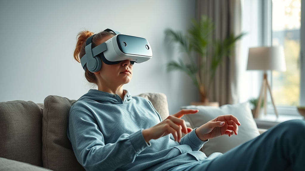 Innovative patient therapy: Relaxed patient wearing virtual reality headset guided remotely by a professional, showing the impact of future clinical hypnosis and technology.