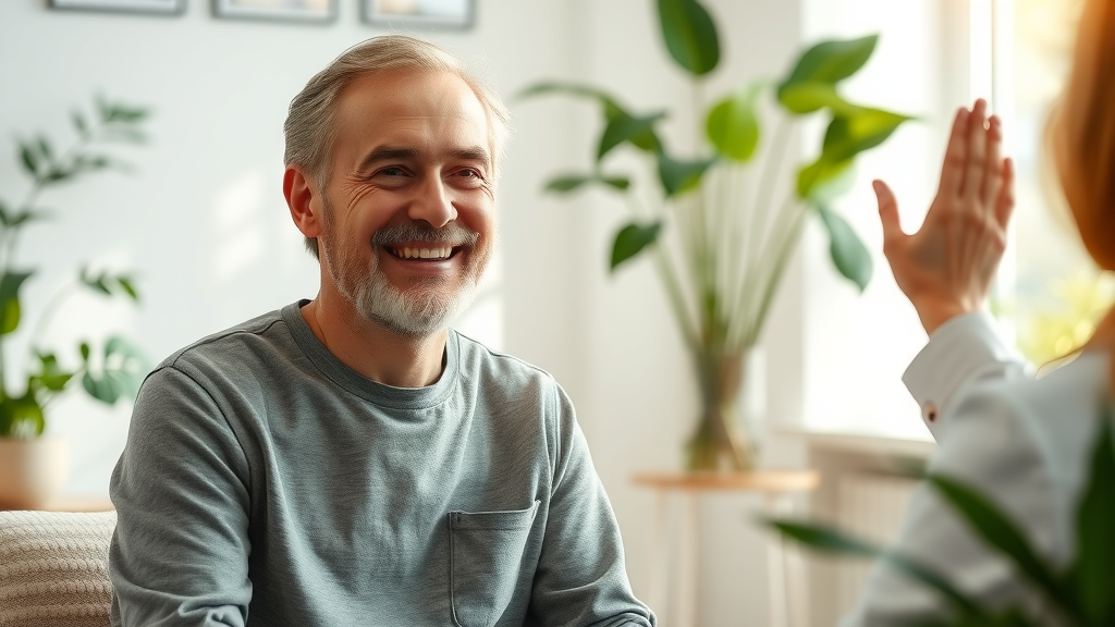 Positive patient transformation: Uplifted patient smiling after a clinical hypnosis session, supported by a healthcare provider in a bright counseling office. future of hypnosis in healthcare