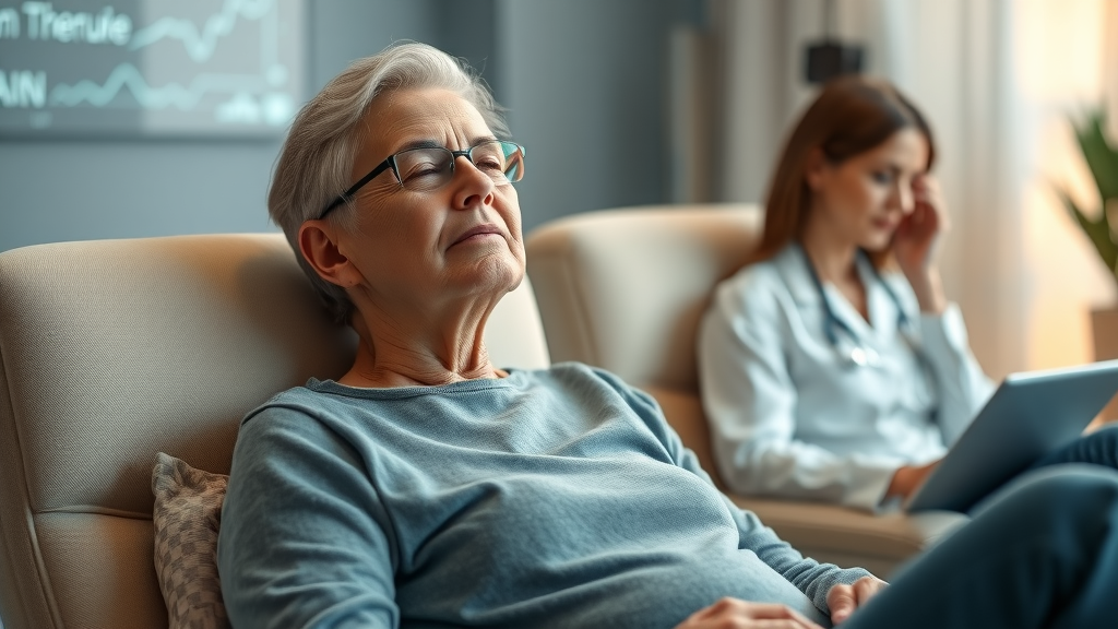 Comfort-focused care: Serene patient relaxed during a hypnosis pain management session, with attentive professional in a softly lit clinical setting. future of hypnosis in healthcare