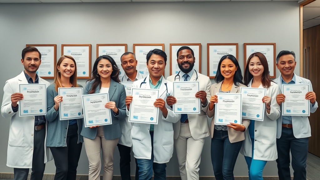 Professional certification: Diverse group of clinical hypnosis practitioners displaying certifications in a sleek clinic reception, emphasizing the need for standards in future hypnosis practice.