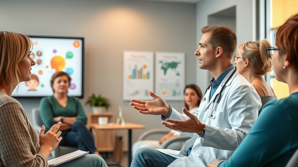 Community education: Healthcare professional presenting facts on clinical hypnosis to an attentive audience, dispelling myths about future of hypnosis in healthcare.