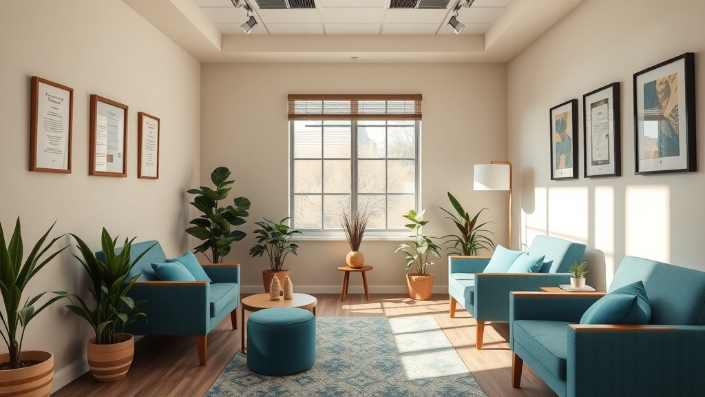 Modern inviting hypnotherapy office space with certifications on wall