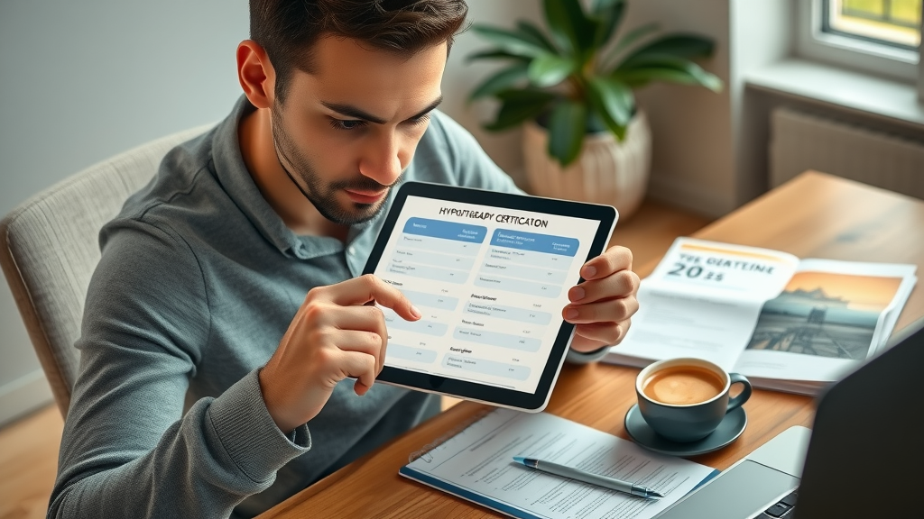 Person comparing hypnotherapy certification programs on digital device