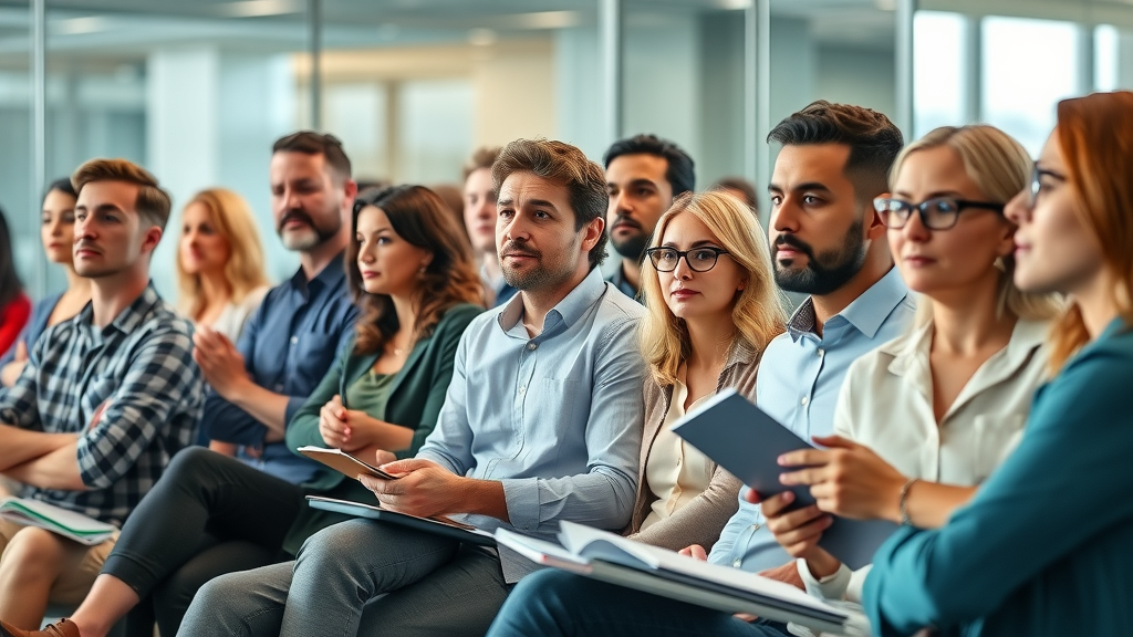 Engaging seminar on what is neuro-linguistic programming (NLP) at a contemporary conference room, attendees listening attentively to a presenter.