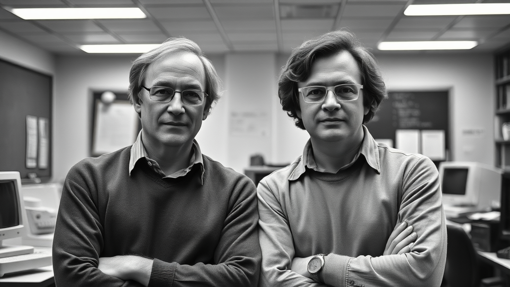 Historical photo of Richard Bandler and John Grinder, co-founders of neuro-linguistic programming, at a university in the 1970s.