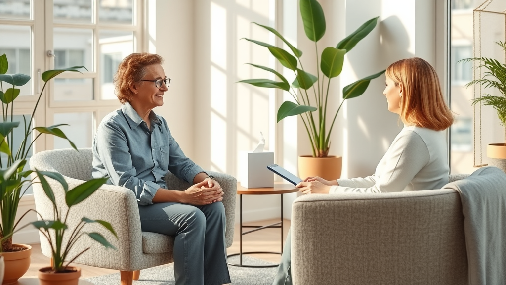 NLP therapy session with nlp therapist and client discussing what is neuro-linguistic programming in a cozy, sunlit office.
