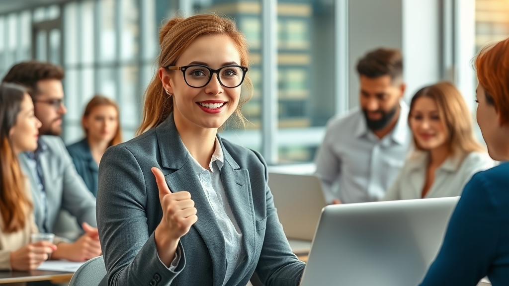 Confident woman applying neuro-linguistic programming communication techniques at work in a modern office.