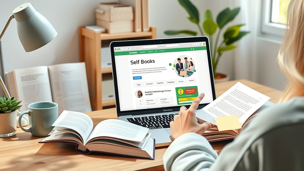 Learning resources for what is neuro-linguistic programming (NLP): self-help books, laptop showing online NLP course, on a tidy desk.