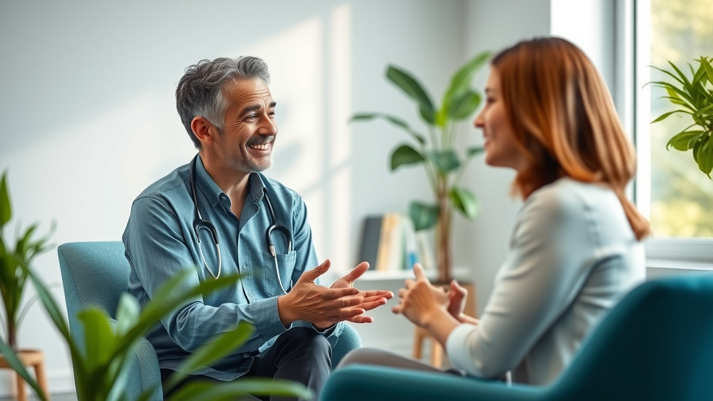 Modern professional therapy office with practitioner and client in conversation - nlp vs hypnosis