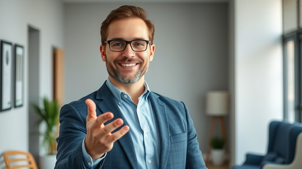 Confident NLP practitioner in modern office environment with professional demeanor