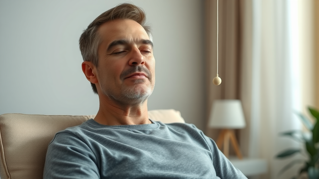 Serene adult experiencing hypnosis techniques, calm and relaxed in a tranquil therapy office, illustrating hypnotic induction and the relaxed state.