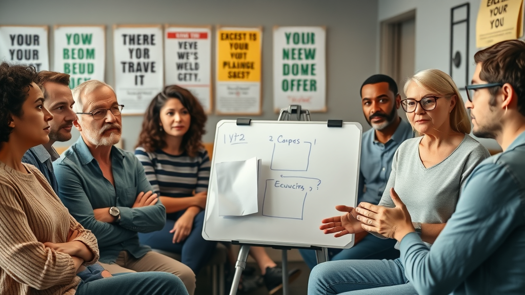 Diverse adults learning about hypnosis techniques from a hypnotherapist, illustrating education and discussion about the conscious mind and hypnotic induction.