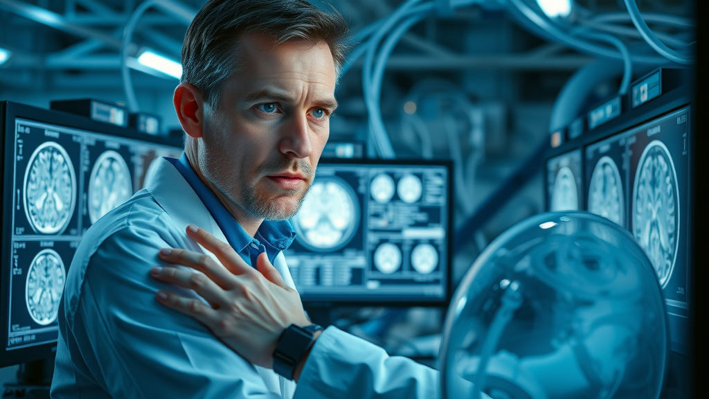 Scientist analyzing brain activity and the conscious mind during hypnosis techniques, highlighting the science behind hypnotic induction and subconscious mind.