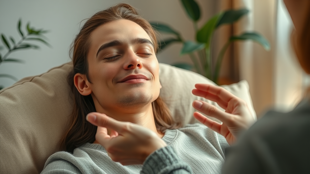 Therapist guiding a client into the hypnotic state using hypnosis techniques in a calming environment, demonstrating relaxed state and suggestions.