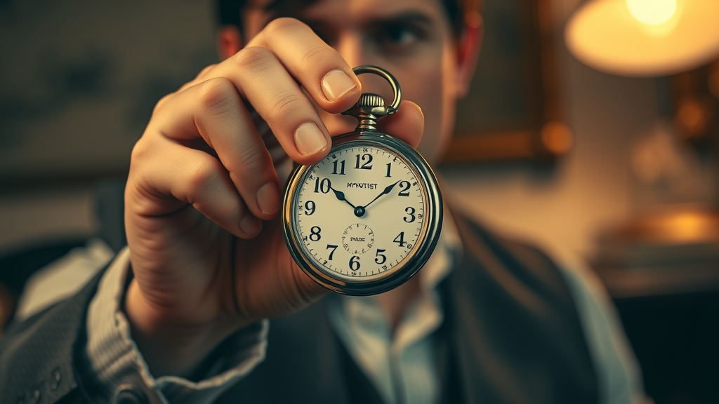 Hypnotist skillfully using a classic pocket watch during a hypnotic induction, demonstrating core hypnosis techniques in a professional setting.