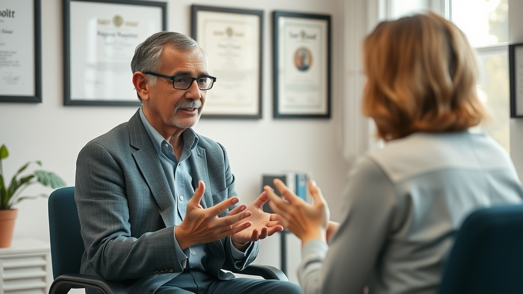 Middle-aged hypnotherapist practicing ericksonian hypnosis techniques with a client, showcasing expert therapy techniques in a calm setting.