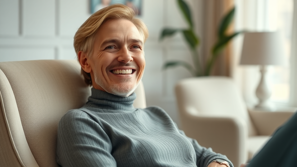 Satisfied client feeling peaceful after hypnosis techniques in a therapy room, reflecting relaxation and the benefits of a safe hypnosis session.