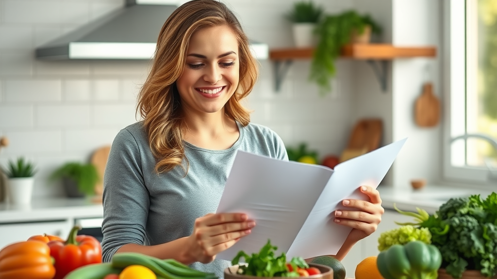 Woman practicing hypnosis techniques for weight loss, reading notes beside healthy foods, reflecting confidence and healthy lifestyle.