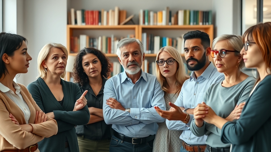 diverse group discussing hypnosis myths in office, hypnosis myths, modern, thoughtful faces, 4K