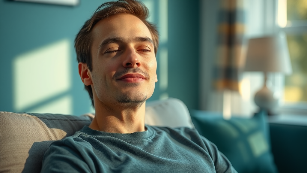 Inspiring person experiencing hypnosis for personal change, relaxed facial expression, eyes closed, seated comfortably, cozy softly lit room with calming blue and green tones, gentle light rays, serene ambiance — visualization in hypnosis