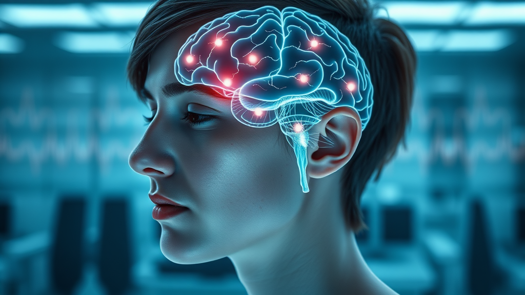 Scientific diagram of brain activity during visualization in hypnosis, focused face in profile, neural engagement, glowing neural pathways, photorealistic, modern laboratory background