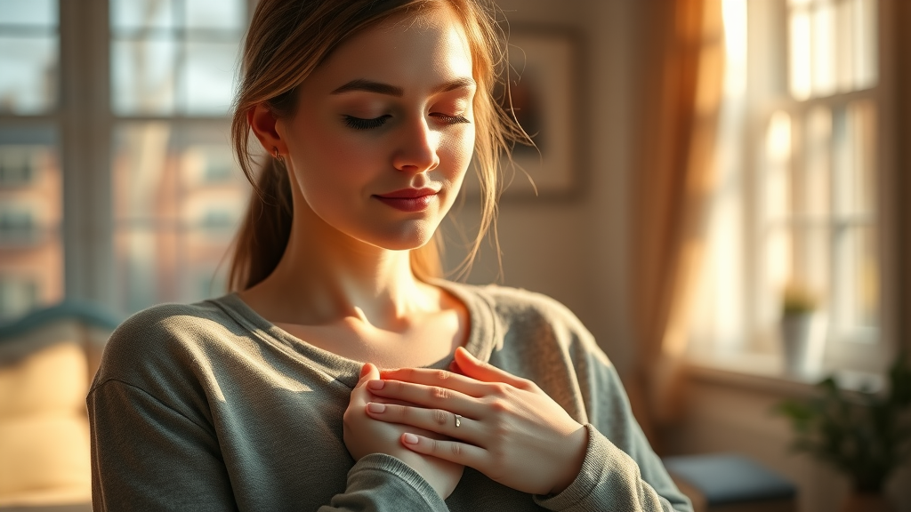 Individual engaged in emotional visualization during hypnosis, peaceful expression, hands on chest, warm inviting interior with sunlight — emotional anchoring in visualization in hypnosis