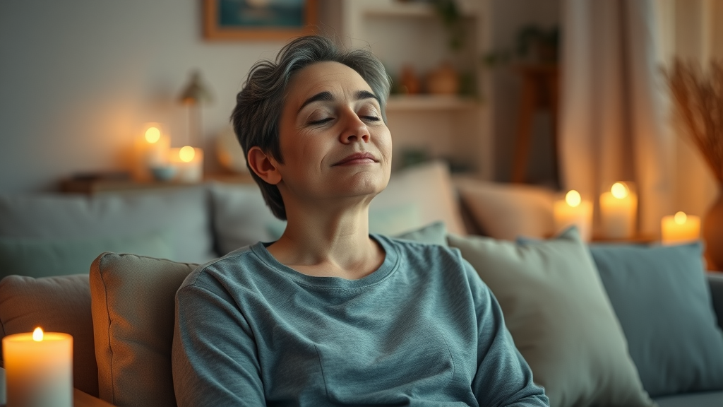 Person beginning a hypnosis session, calm and expectant, seated comfortably with eyes closed, tranquil room with soft cushions and candlelight, visualization in hypnosis