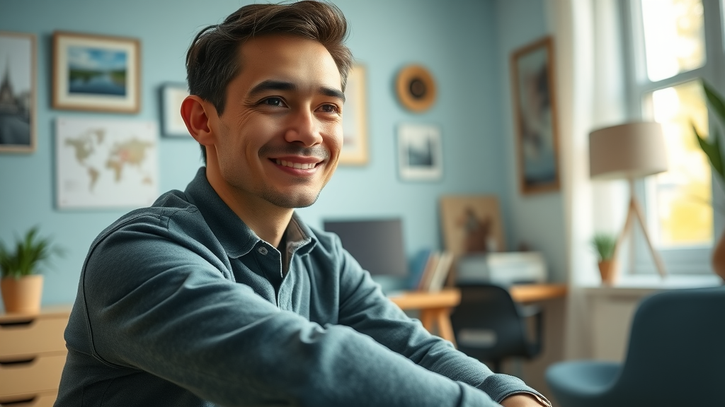Person picturing success through visualization in hypnosis, focused and content, peaceful home office, motivational and uplifting ambiance — imaginal rehearsal