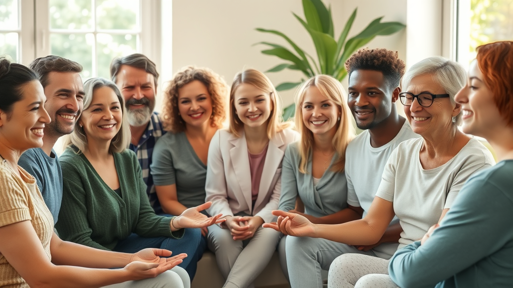 Diverse group of people looking peaceful post visualization in hypnosis, content serene expressions, variety of ages and ethnicities, seated sharing positive emotions in a sunny community space