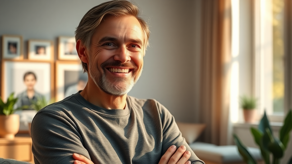 Testimonial-style image of individual reflecting on positive transformation through visualization in hypnosis, gentle proud smile, confident upright posture, comfortable living room, golden hour lighting