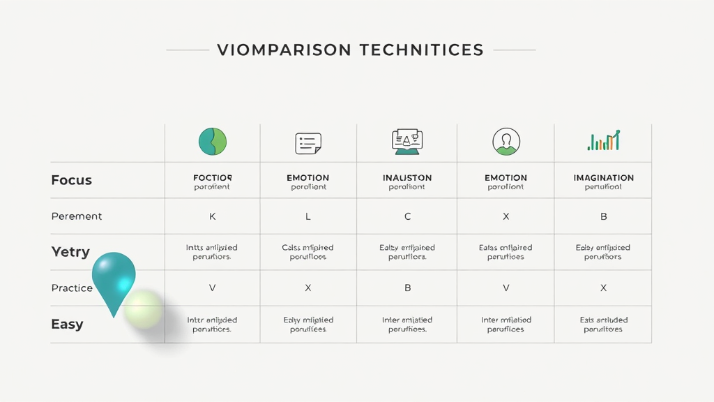 Comparative table of visualization in hypnosis techniques, abstract icons symbolizing focus, emotion, imagination, and ease of practice in a clean modern infographic