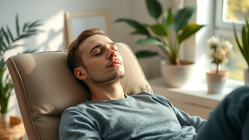 Hypnotherapy for trauma - Focused individual under hypnosis in modern calm consulting room, sunlight and plants help promote healing and relaxation