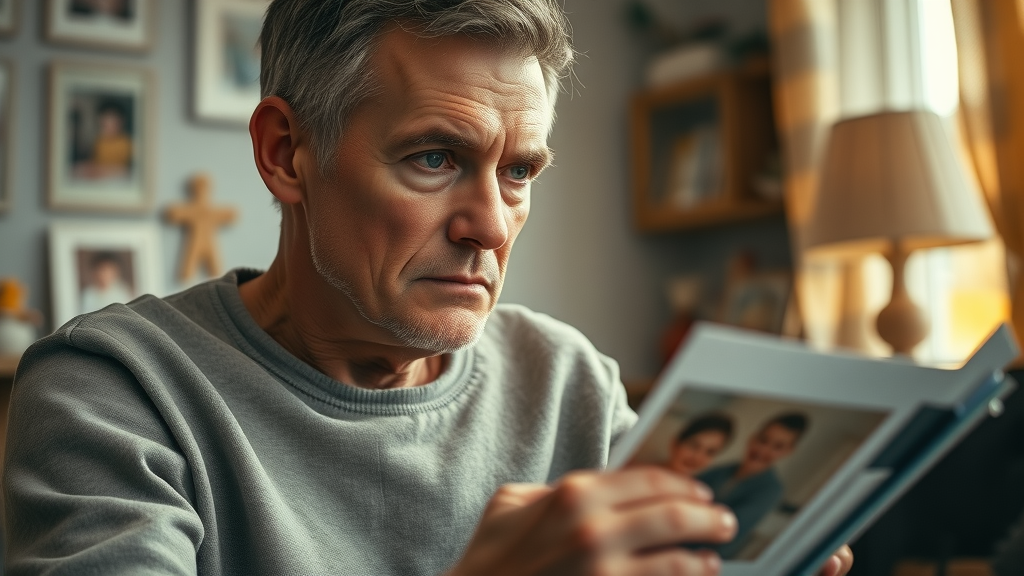 Recognizing symptoms of past trauma - Thoughtful adult reflecting on childhood with childhood mementos in warm, natural home light