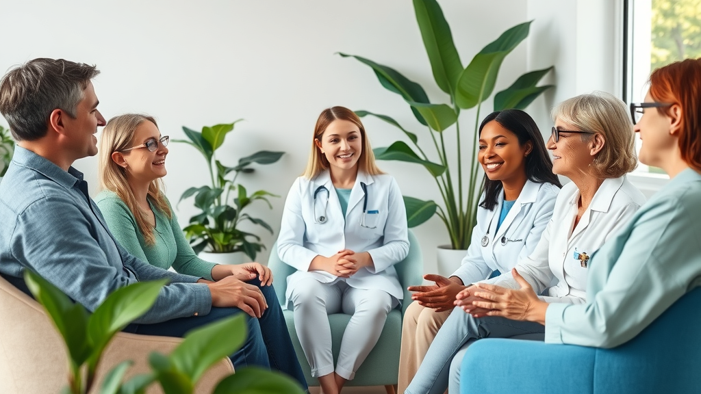 Trauma recovery team - Collaborative group of therapists and hypnotherapists, relaxed in modern clinic, teamwork in trauma recovery treatment