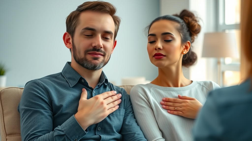 Hypnosis for memory improvement and recall as two adults relax in a warmly lit consultation room, guided by a professional hypnotist with natural, calm postures.