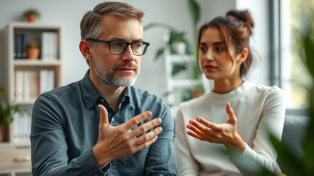 Hypnotherapist and focused client discuss hypnosis for memory improvement and recall amid calming office décor, green plants, and modern shelves.