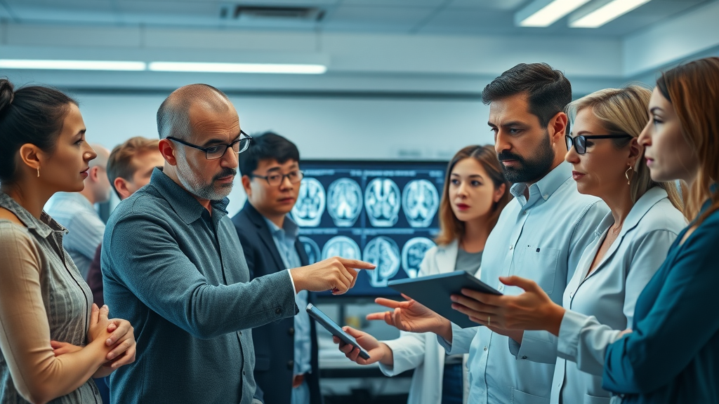 Diverse adults examining brain scans for research on hypnosis and memory recall in a modern laboratory setting with digital screens.