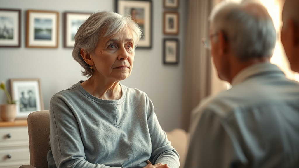 Mature woman and therapist discuss recalled memories during hypnosis, reflecting on potential false memories with gentle expressions in a professional office.