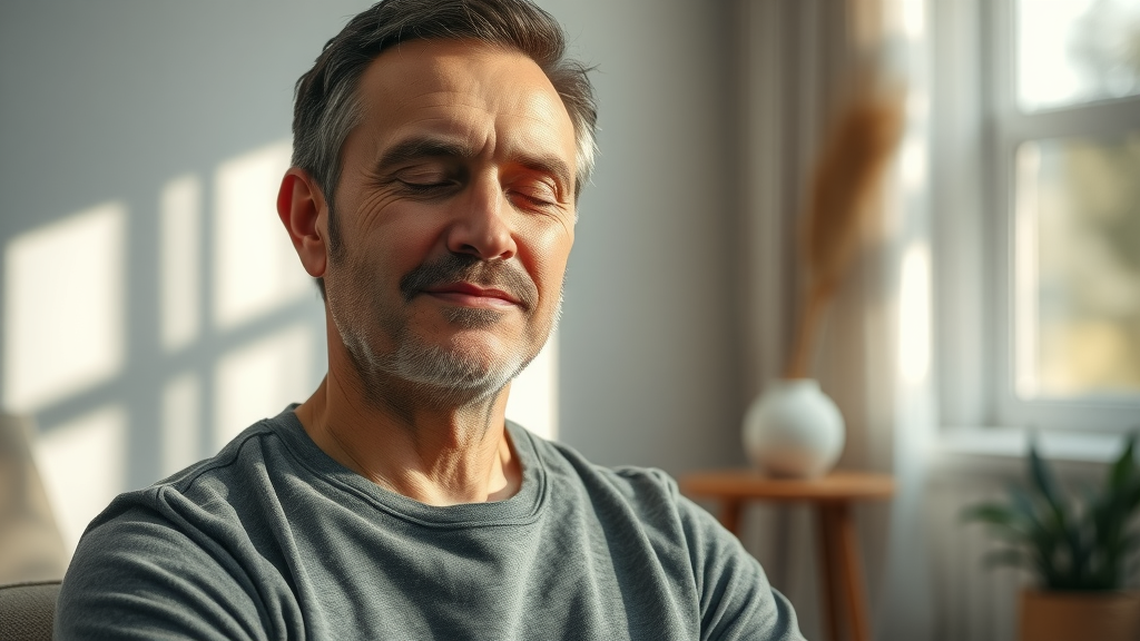 Middle-aged man in a state of deep relaxation, reflecting on repressed memory during a hypnosis session in a serene therapy environment.