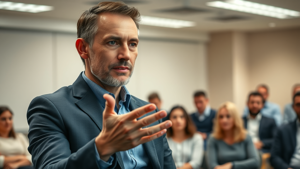 Professional hypnotherapist demonstrating a hypnotic induction technique for memory recall before an attentive audience in a classroom workshop.
