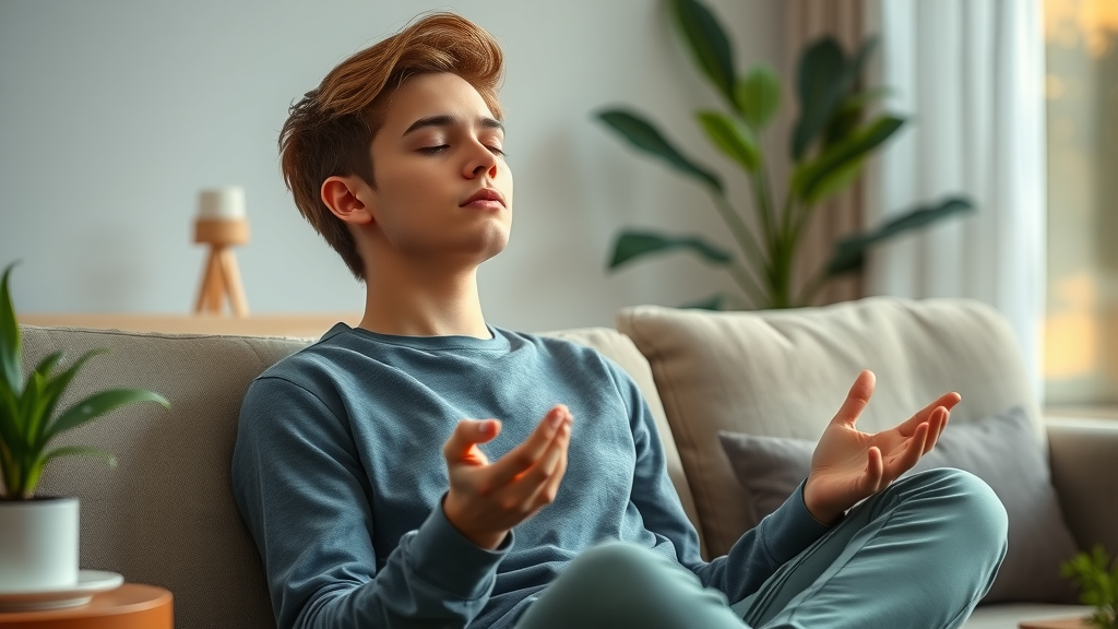 Young adult practicing self-hypnosis to recall information at home, eyes closed and relaxed amid soft lighting and peaceful surroundings.