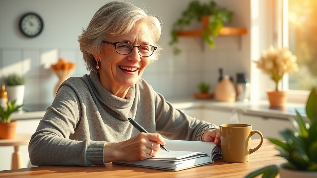Older woman writing memories in a journal after a positive hypnosis session to improve memory recall at her kitchen table, smiling contentedly.