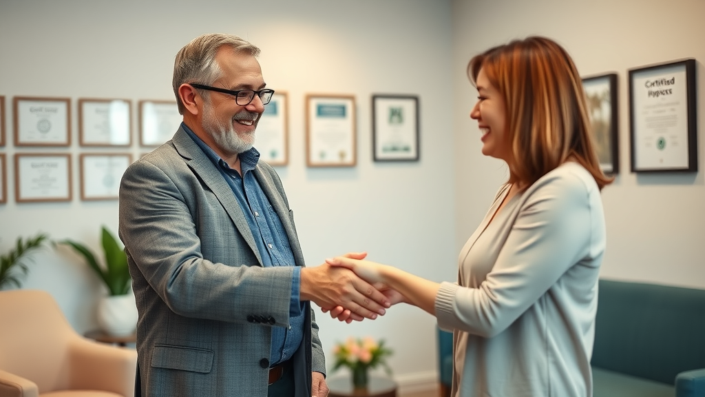 Certified hypnotherapist welcoming a new client in a clinic lobby, surrounded by certificates and a comforting atmosphere.