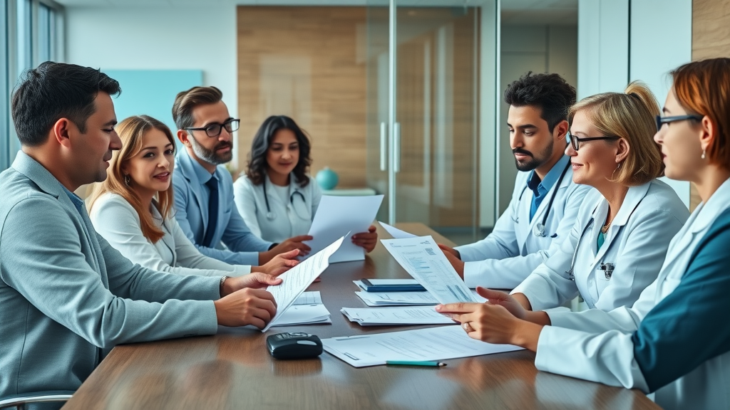 Diverse clinicians reviewing clinical trial data on medical hypnosis in hospitals